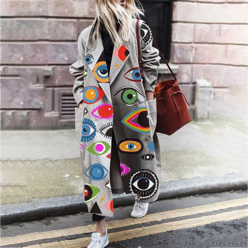 Women's Personalized Printed Round Neck Woolen Coat