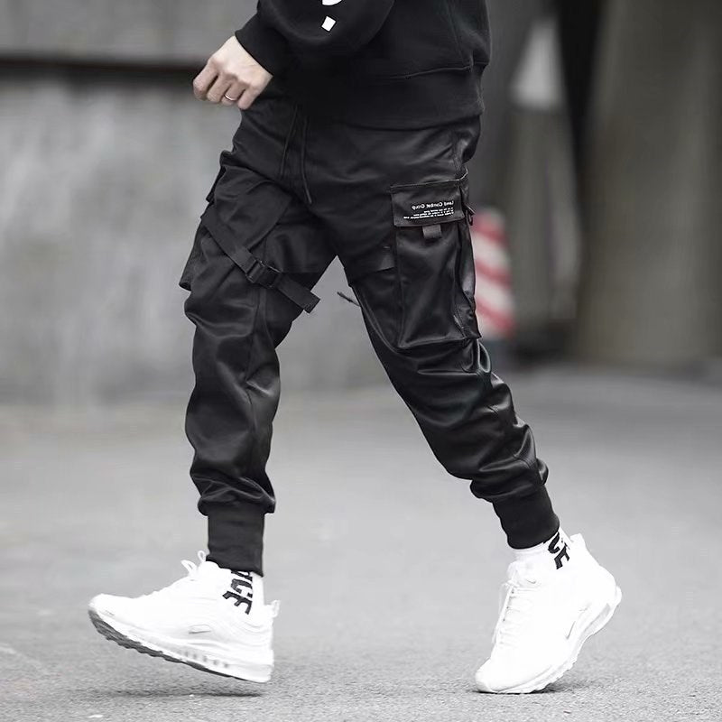 Ribbons Harem Joggers Men Cargo Pants Streetwear Hip Hop Casual Pockets Cotton Track Pants